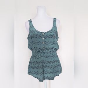 Vena Cava Sz 2 Scoop Neck Sleeveless Chevron Pattern Peplum Top Teal 100% Silk
